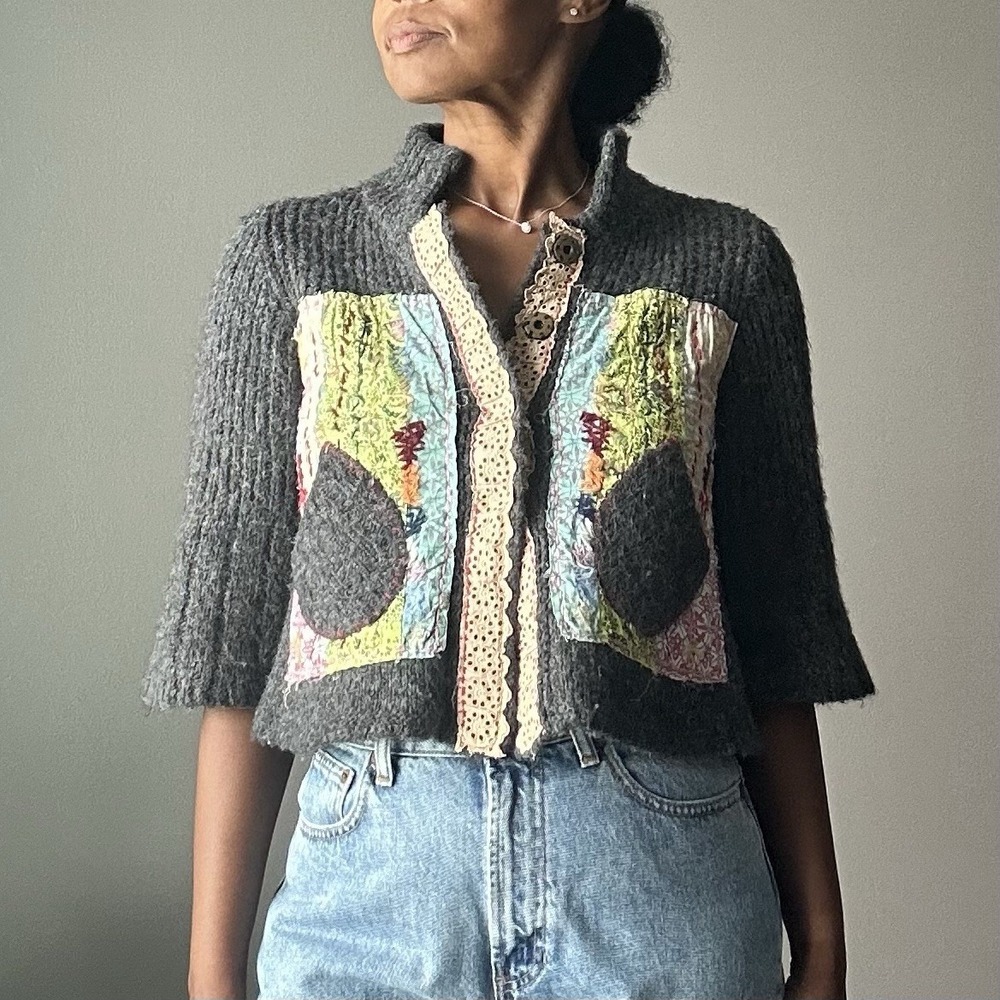 Free People Grandma Goes West Patchwork Cardigan Sweater Womens Size Medium - Picture 2 of 9